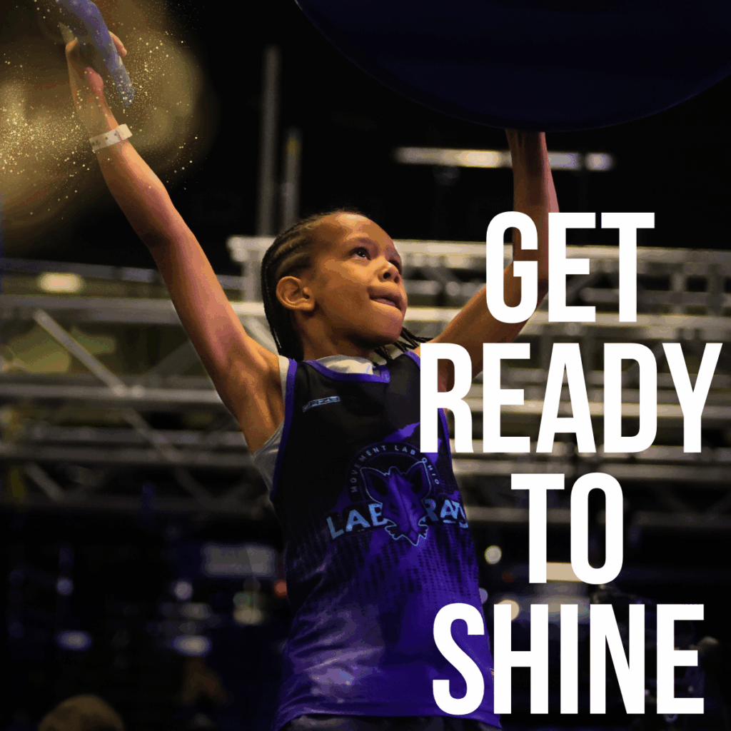 Photo of male youth athlete with a determined, focused look on his face completing a hannging obstacle as part of a ninja competition with a text overlay reading "get ready to shine".